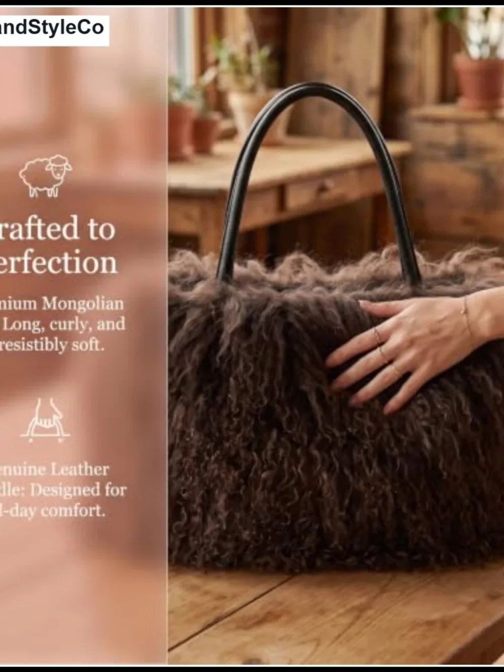 Real Mongolian Lamb Fur Purse with Genuine Leather Handles